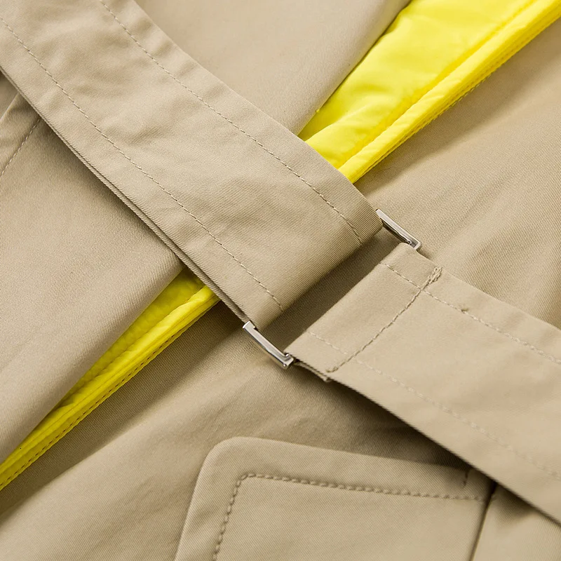 DEAT new winter fashion desings clothes full sleeves yellow patchwork kahki color hooded windbreaker with belt WJ89104L