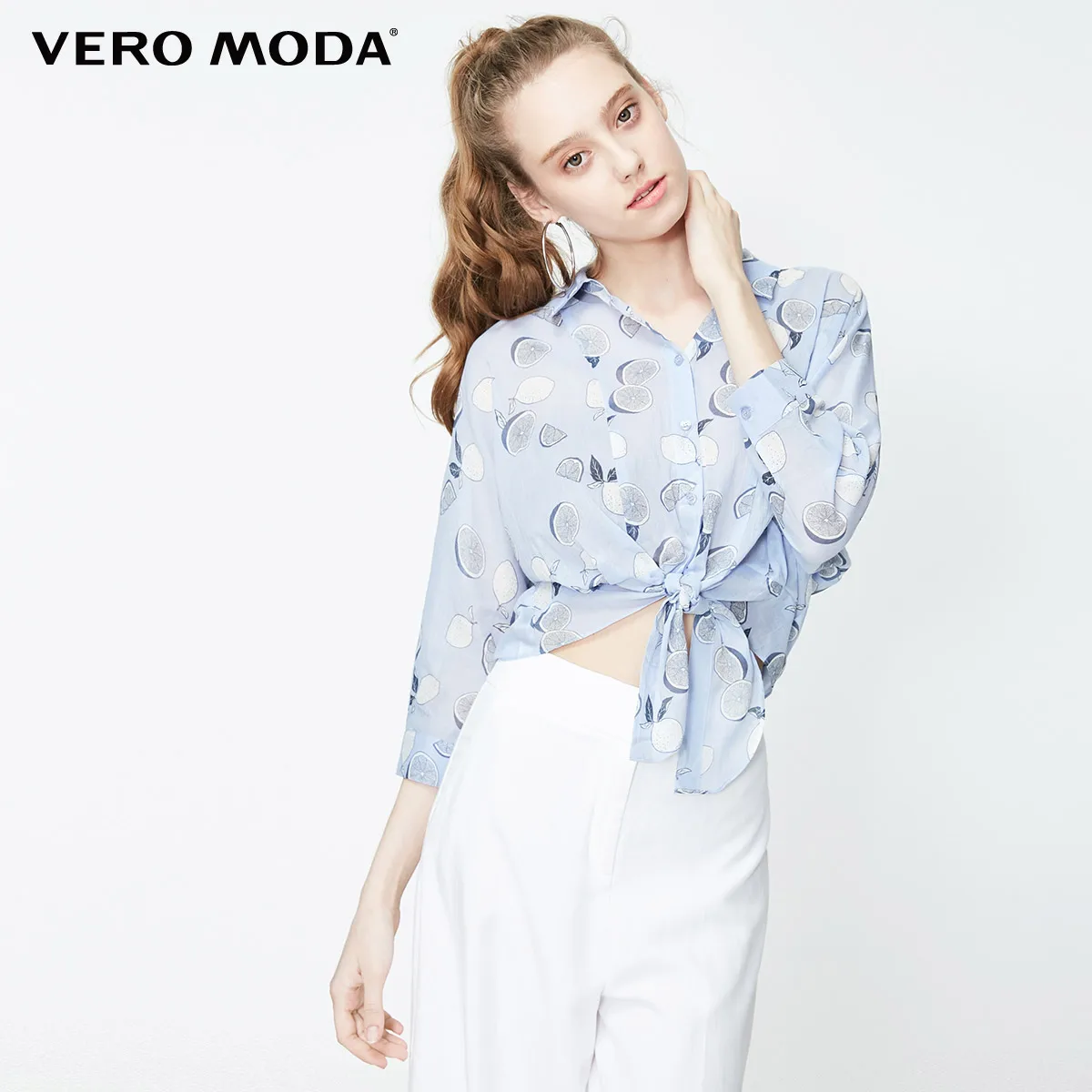 

Vero Moda Women's 100% Cotton Fruit Print Turn-down Collar 3/4 Sleeves Lace-up Hem Shirt | 319231524