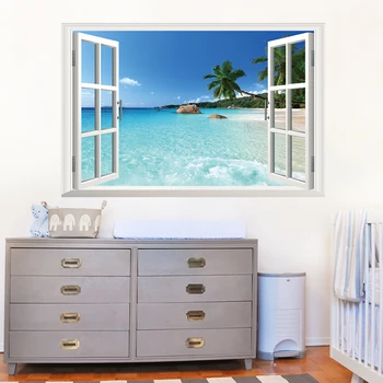 

Beach Seagull Hot Air Balloon 3D Wall Sticker Living Room Decoration Painting Waterproof And Oil Resistant, Green And Harmless
