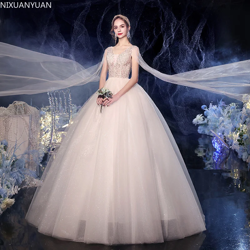 

Luxury Ball Gown Wedding Dress 2023 V Neck Sparking Fabric Dubai Bridal Shining White Formal Wear Plus Size vestidos de novia