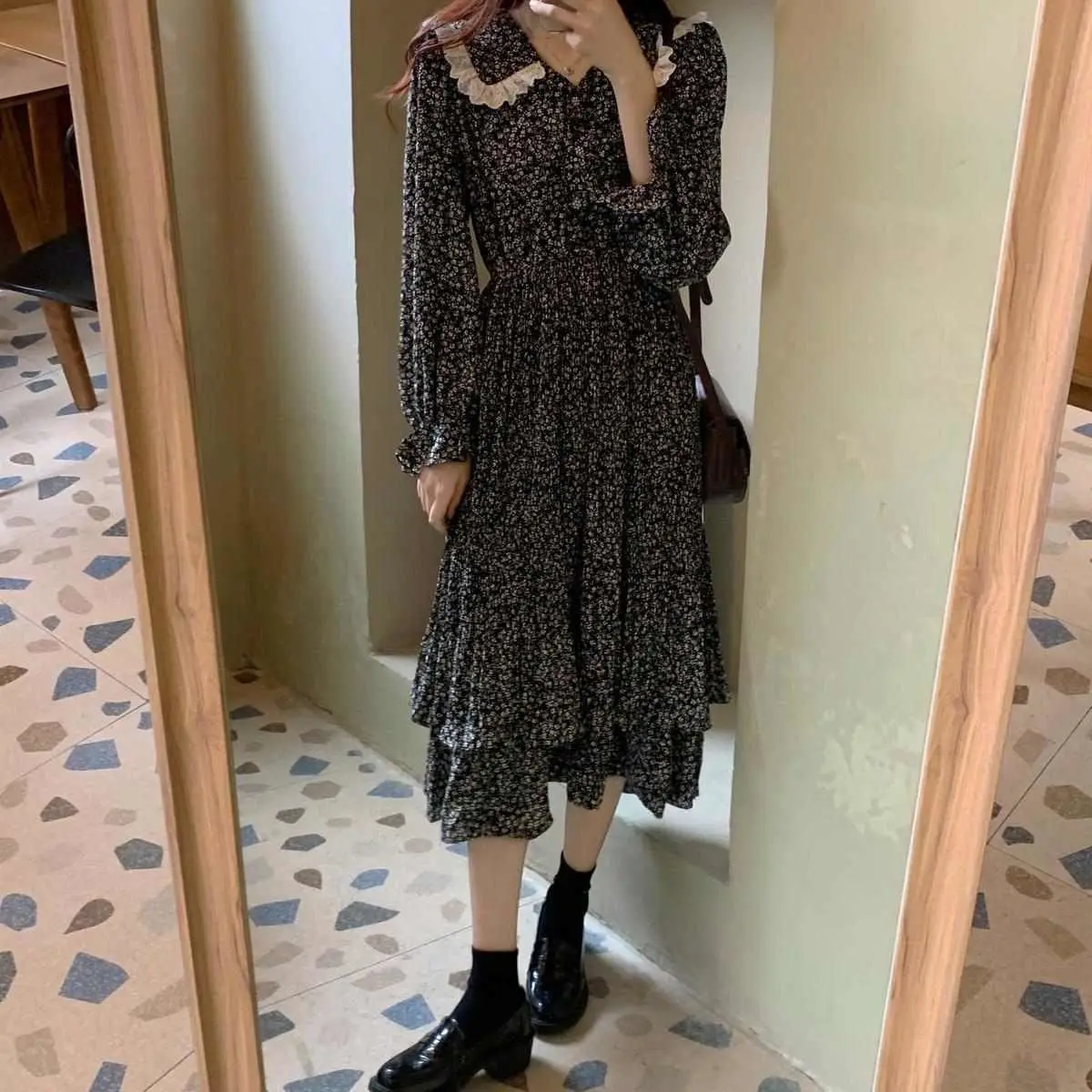 Long Sleeve Dress Women Floral Girls Vintage College Vacation Mid-calf Vestido All-match Soft Popular Newest Stylish Lace Ins wedding guest dresses