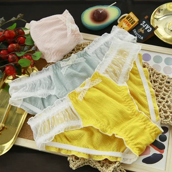 

Medium Low Waist Pure Cotton Soft Girl's Underwear Panties Sweet Lace Bow Japanese Style Women's Briefs Plus Size underwear