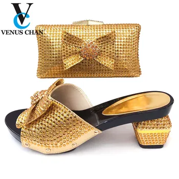 

Summer Golden Color Decorated With Rhinestone Shoes And Bag Set African Design Matching Shoes And Bag Set For Wedding Party