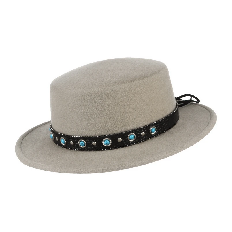 GEMVIE шерстяная шляпа для женщин мужская плоская Корона Fedora с этническим кожаным ремешком средней длины шляпка для церкви осень зима - Цвет: Серый