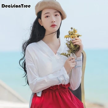 

2020 Chinese Dress china style embroidery blouses folk style female traditional chinese tang tops girls solid white v neck shirt
