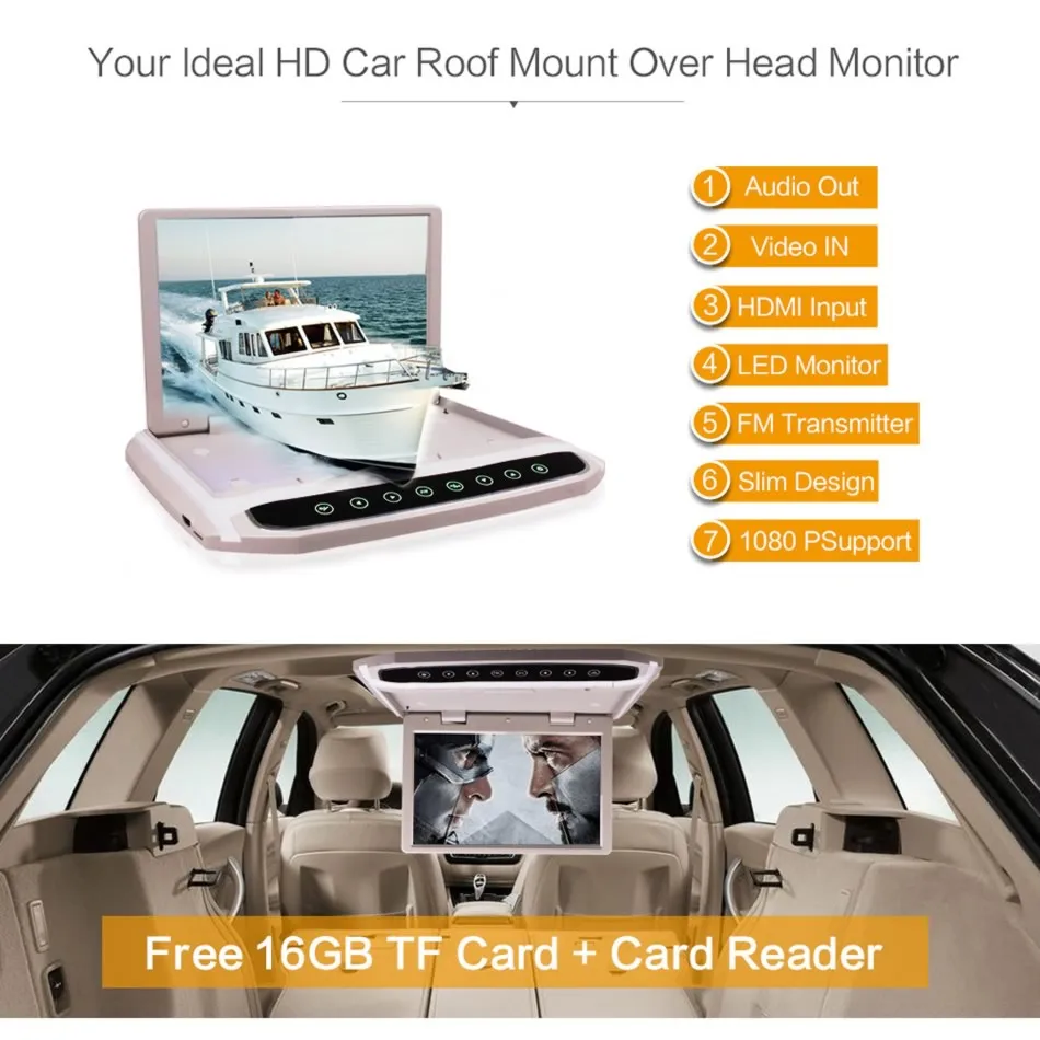 Car Roof Mounted Overhead Flip Down MP4 MP5 Video Player 10 12 15 Inch HD LED Monitor with HDMI SD AV InPut 16GB Card and Reader mirror reverse camera