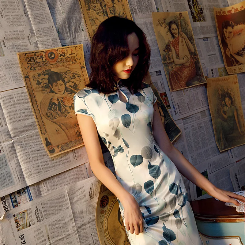 Китайское классическое платье с цветочным принтом Qipao женское элегантное платье Ципао на молнии с воротником-стойкой