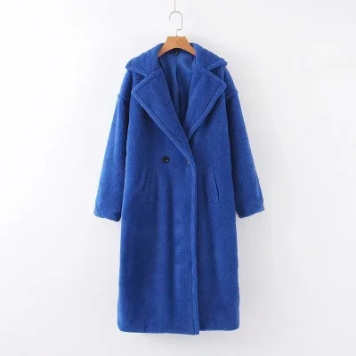 Однотонные зимние плюшевые пальто для женщин, уличный стиль, большие размеры, повседневные пальто и куртки из меха ягненка, женская верхняя одежда, пальто из искусственного меха, cwf0204-5 - Цвет: Синий