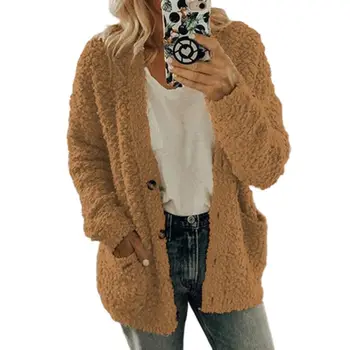 

Womens Winter Thicken Plush Knitted Sweater Coat Open Front Cardigan Solid Color Plus Size Button Down Jacket with Pockets S-5XL