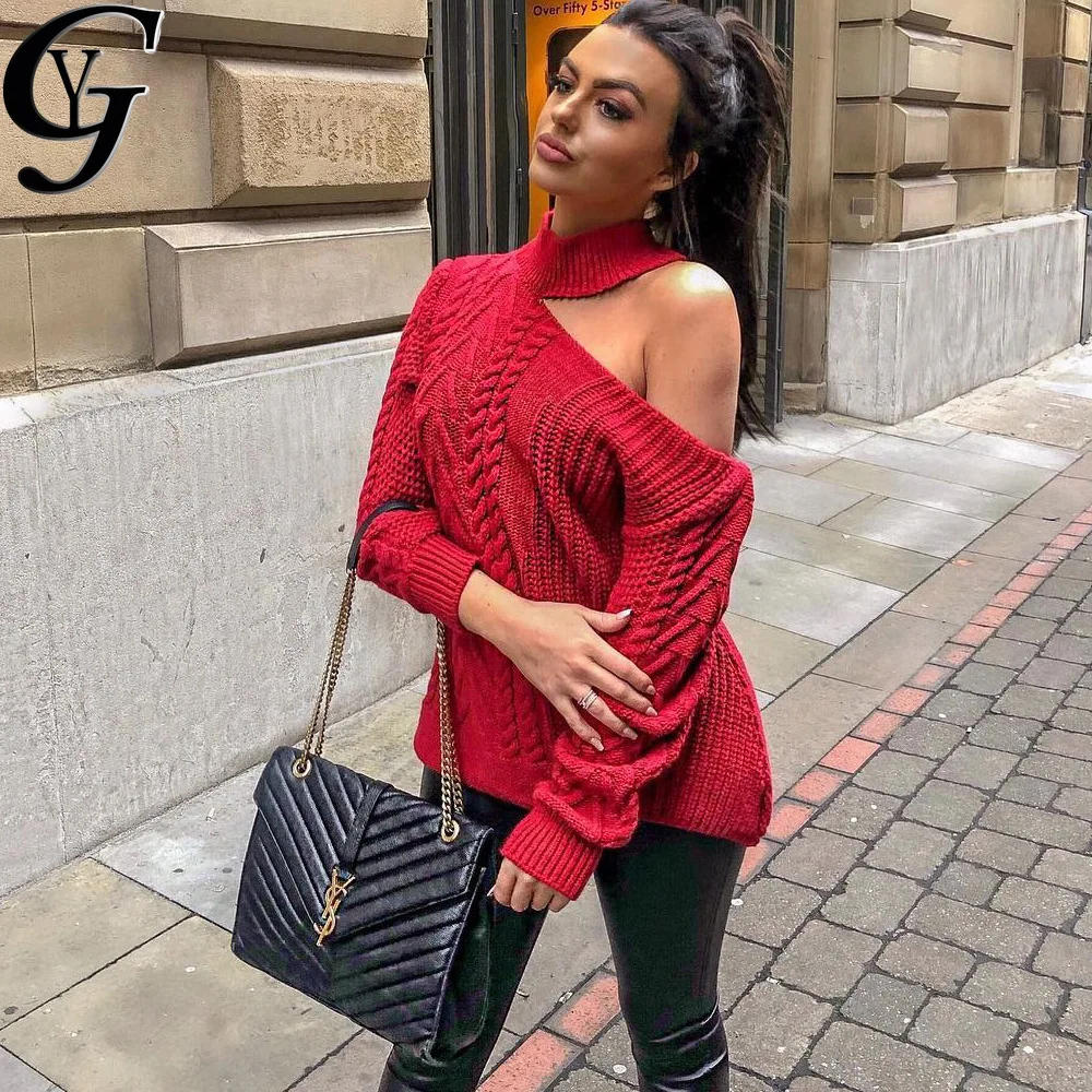 

2020 Autumn Winter Turtleneck Knitted Women Sweater Casual One Off Shoulder Pullover Knitted Sweater Jumper Sudaderas Mujer