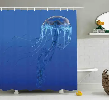 

Jellyfish Shower Curtain Blue Spotted Jelly Marine Animals In Deep Water Aquatic Polyester Fabric Bathroom Decor With Hooks