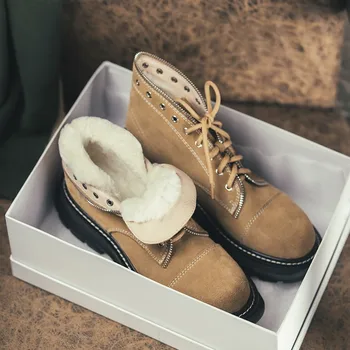 

Warm wool fur boots chunky platform women punk ankle boots cross-tied 2020 trend Frosted cowhide western Cowboy boots size 41 42