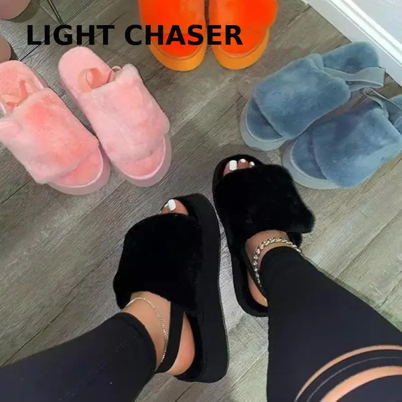 New Winter Keep Warm Women Fur Furry Slippers For Home Fluffy Soft Indoor Slides Thick Flats Heel Non Slip Indoor House Shoes