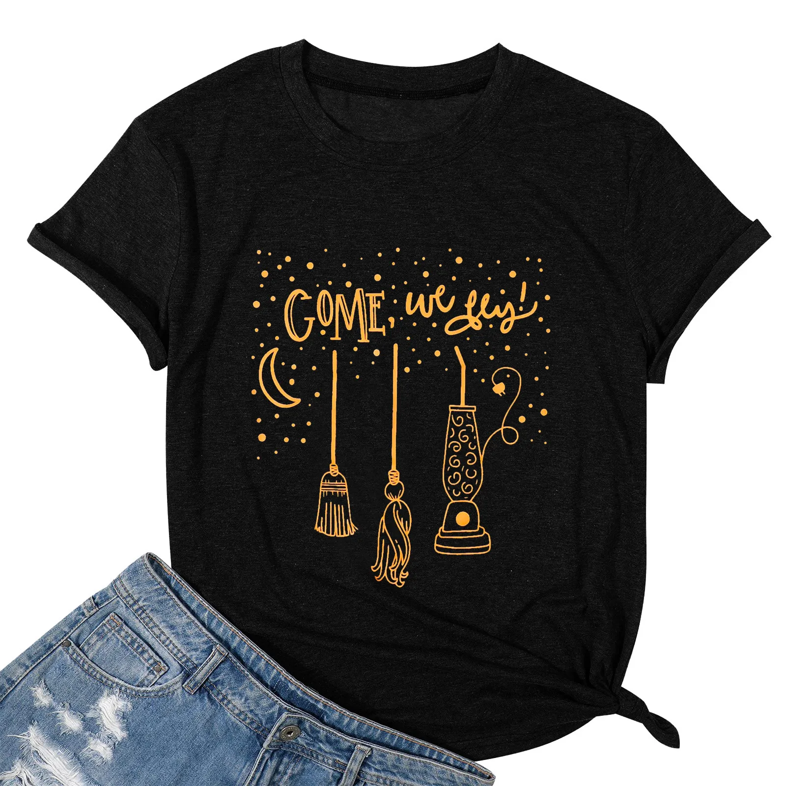 Come We Fly 100% Cotton T-shirt Funny Women Halloween Party Tshirt Autumn Short Sleeve Graphic Witch Tops Tees Shirts Femme 2021 1