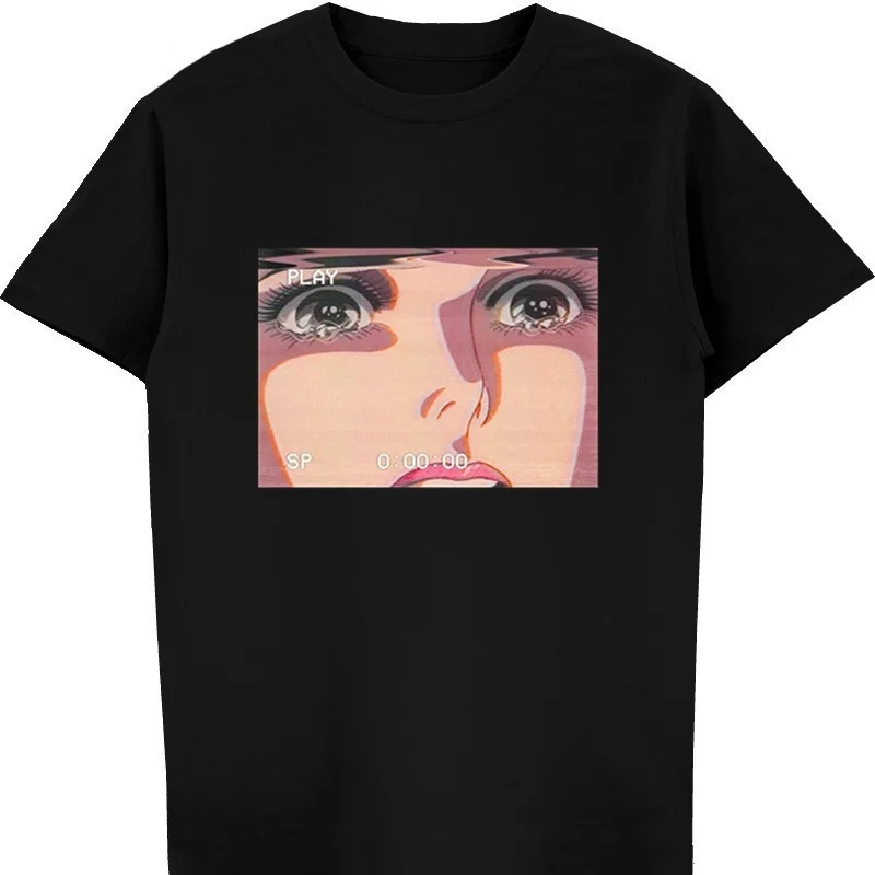 

kuakuayu HJN Sad Retro Anime Crying Eyes Vaporwave T-Shirt Short Sleeve Tshirt Casual Tees Tops Harajuku Streetwear