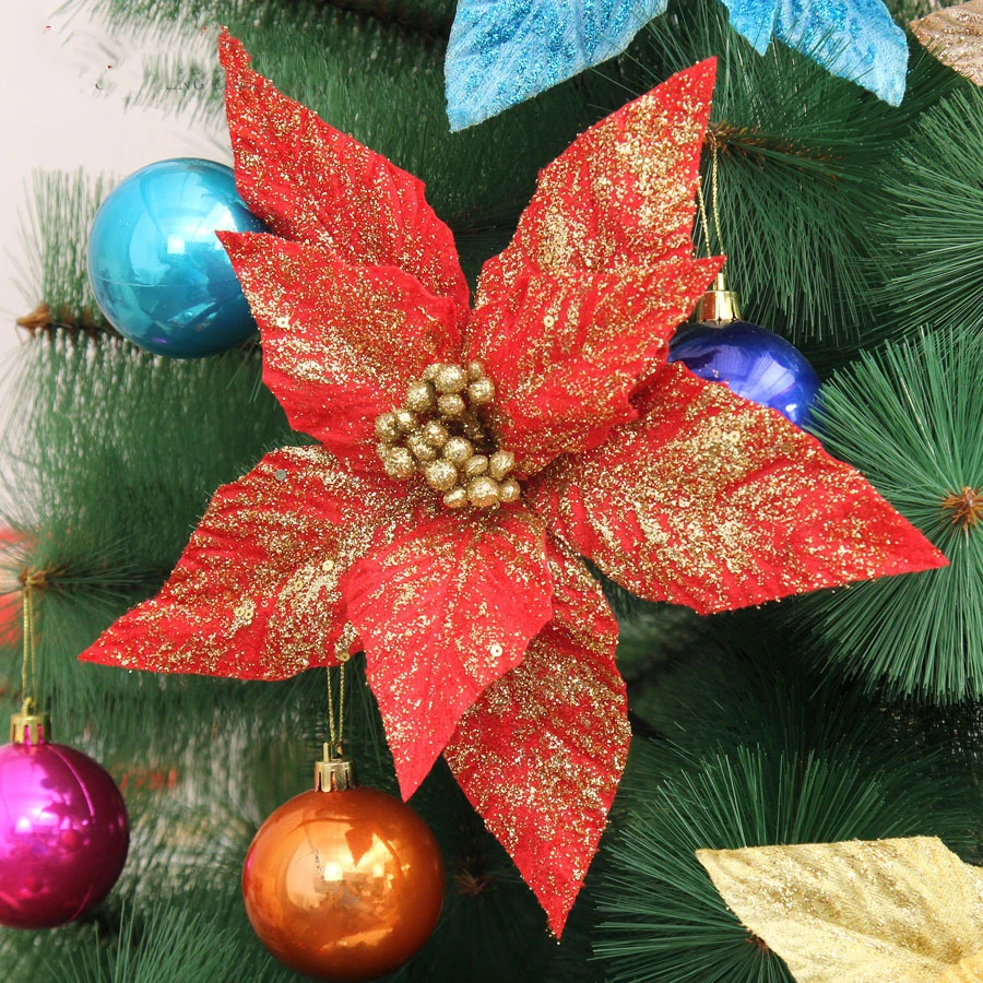 5 шт., искусственный цветок, треугольный лист, блестящий, Poinsettia, украшение для дома, фестивали, декор для рождественской елки, вечерние принадлежности
