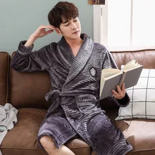 Men Casual Kimono Bathrobe Autumn Winter Flannel Long Robe Thick Warm Sleepwear Nightgown Male Casual Home Wear pajamas