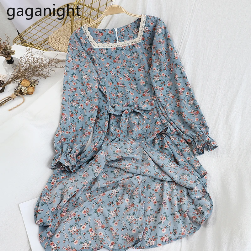 Gaganight винтажное цветочное Женское Платье макси с длинным рукавом квадратный