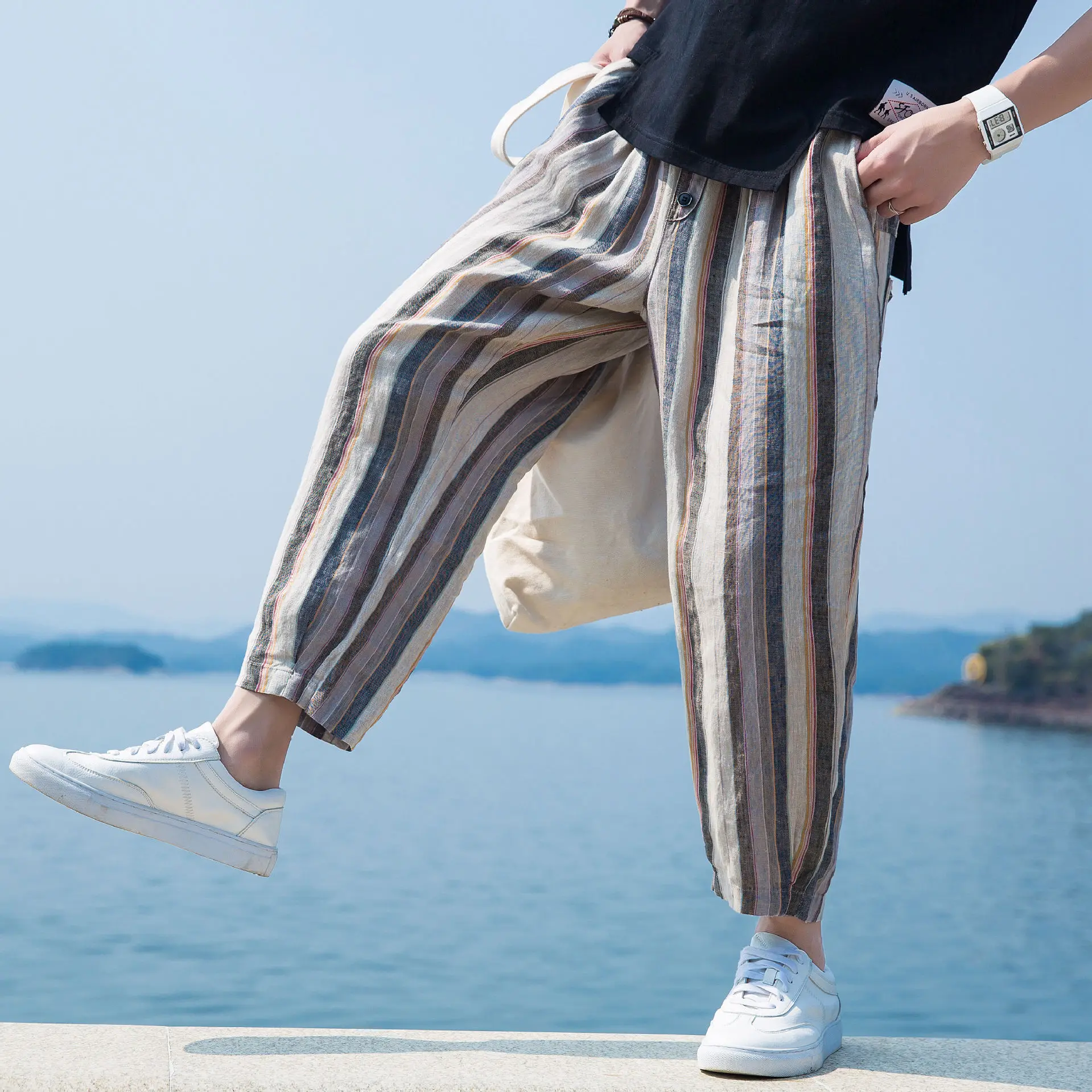 

2019 Summer Men's Vintage Cotton Linen Loose-Fit Harem Casual Flax Pants Literature And Art Cotton Linen Casual Cropped Pants