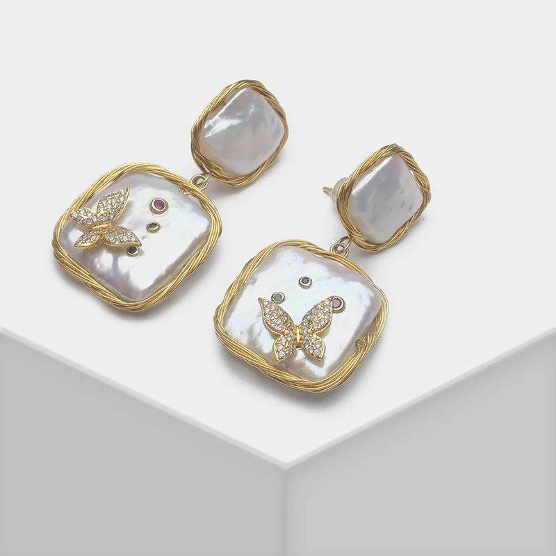 

Natural pearls 925 silver Square butterfly design fashion Drop Earrings