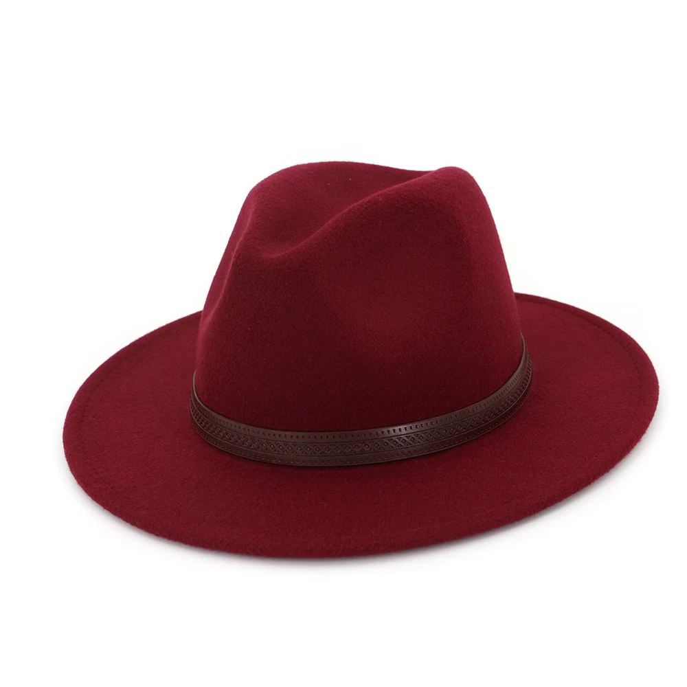 Wine Red Модная женская и Мужская шерстяная шляпа Fedora с кожаная лента джентльмен Элегантная Дамская шапка на осень зиму - Цвет: Wine Red