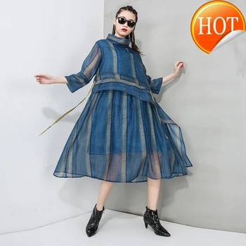 

Perspective Women Striped Mesh Split Dress New Turtleneck Three-quarter Sleeve Loose Fit Fashion Spring Autumn 2020