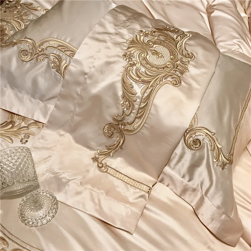 Luxury Super Soft Damask Sateen Egyptian Cotton Champagne Bedding Set 4Pieces Premium Chic Embroidery Duvet Cover Bed Sheet set 5