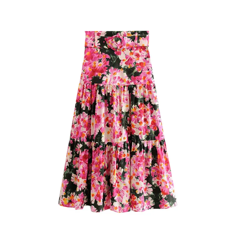 

Australia Non-mainstream Retro with Belt Printed A- line Long Skirts Summer WOMEN'S Dress New Products Casual High Waist Skirt