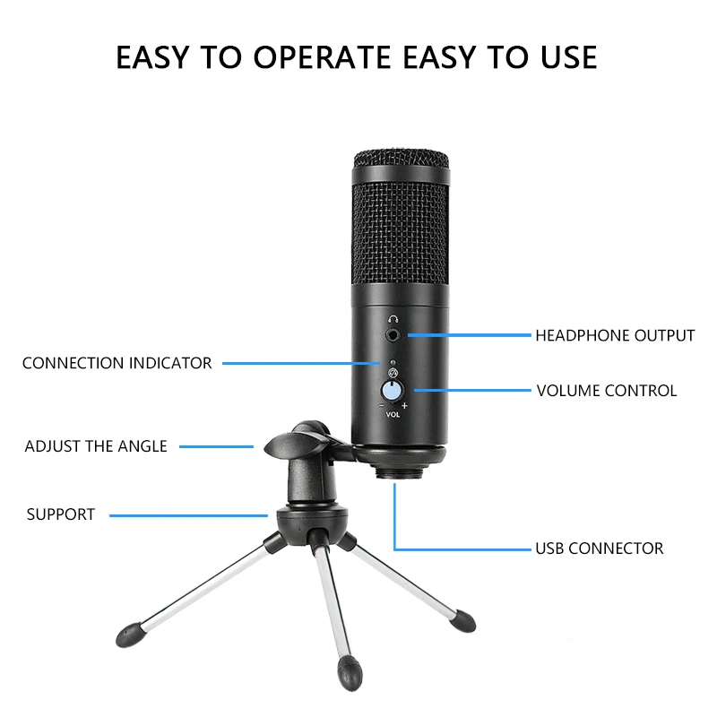 Профессиональный микрофон USB для караоке Студийный с конденсатором и штативом