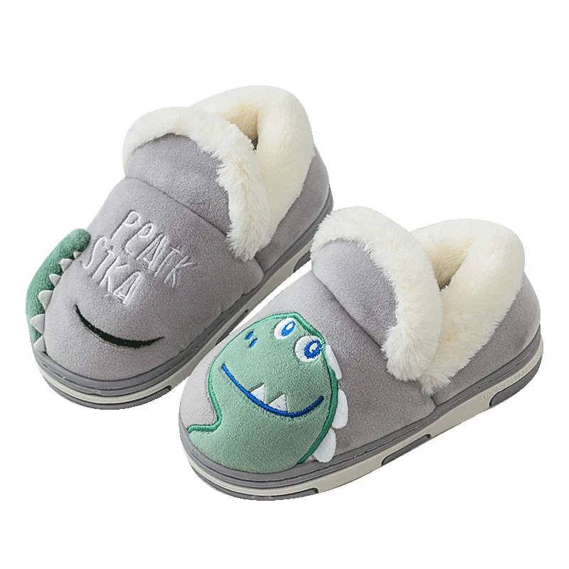 

Cartoons Dinasor Kids Slippers Children Cute Baby Shoes Home Footwear Fur Winter Thick Flock Warm Animals Heel-Covered