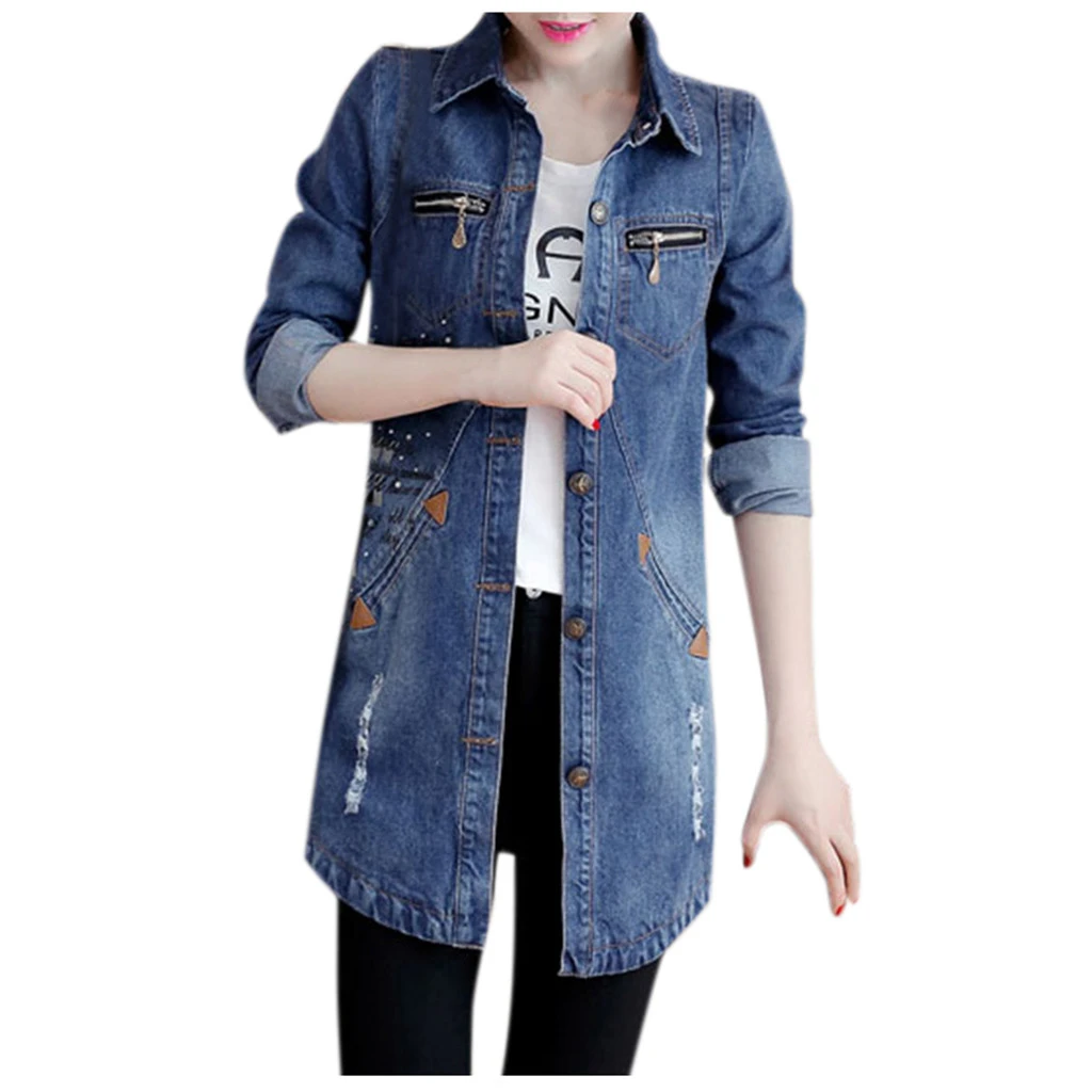 CHAMSGEND Basic Long Jeans Coats Women Slim Ripped Denim Loose Beading Hole Jacket Elegant Vintage Frayed Outwear 1008