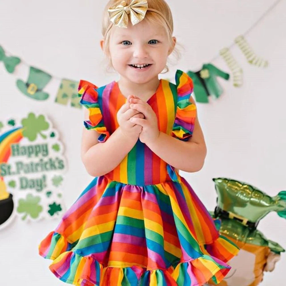 Одежда для маленьких девочек, милое разноцветное детское платье с радугой, платье принцессы с оборками, повседневная одежда