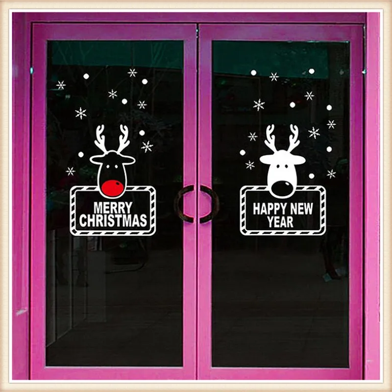 Cartoon Fawn Christmas Wall Stickers Shopping Mall Window Decorazioni Natalizie Holiday Posters Home Decor