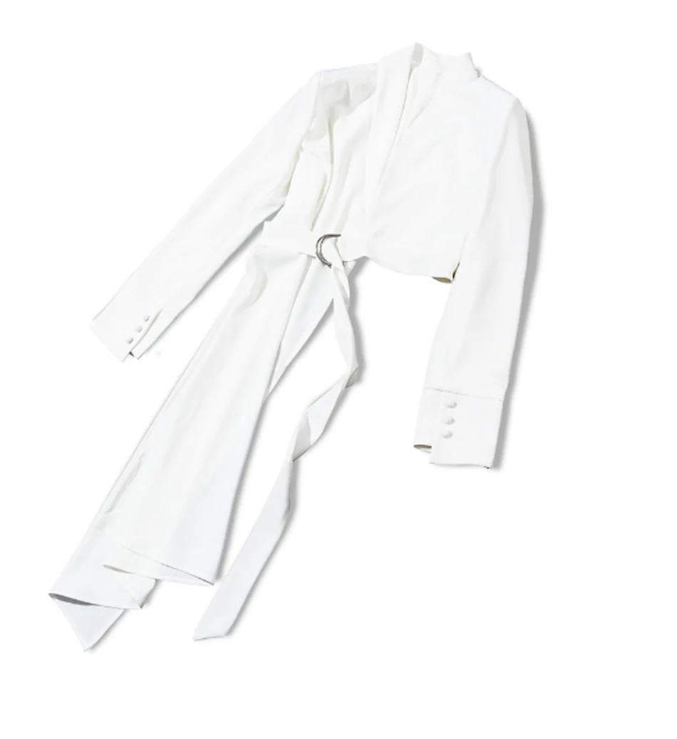 Winter Winter New V-Neck Long-Sleeved White Button Belt Solid Color Irregular Shirt Blouse Fashion Tide