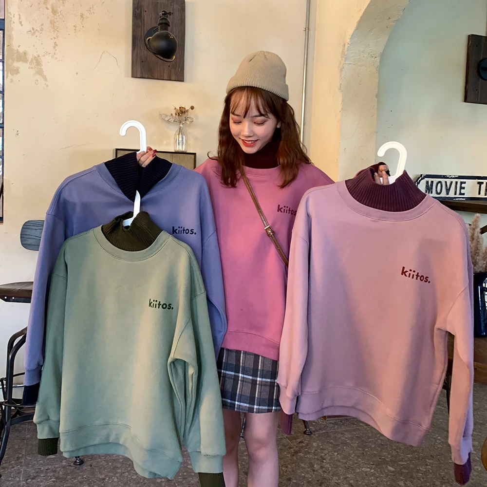 

Autumn And Winter Lazy Retro Contrast Color Turtleneck Pullover Women'S Sweatshirt Stitching Fake Two-Piece Pullover