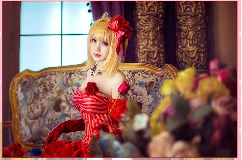 Игры Fate/Grand для Artoria Пендрагон nero, для косплея костюм Сабля красный Idol император Платье с розой J фланцевый наряды в стиле аниме