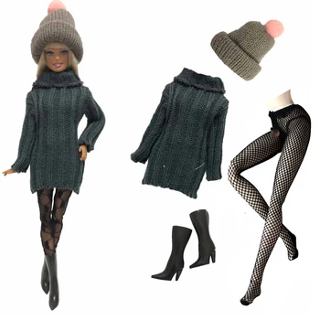 

NK 4 Items/Set Doll Dress Fashion Model Coat Outfit Daily Sweater Hat+Shoe+Stocking For Barbie Doll Accessories Baby Toys 05C DZ