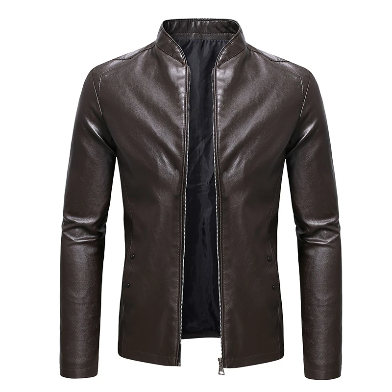 Simple Men's Stand Collar Leather Jacket All-match Everyday Casual Leather Jacket High Quality Man Windproof Faux Leather Jacket mens leather bomber jacket