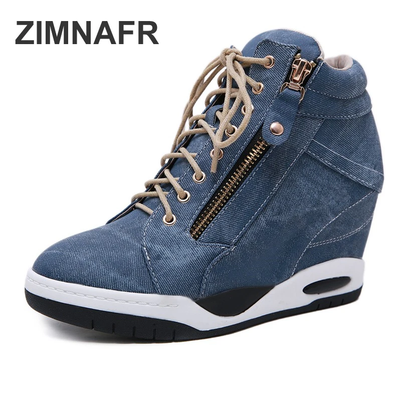 

2019 new denim increased wedge wet side zipper short boots women lace up of autumn ankle boots winter shoes