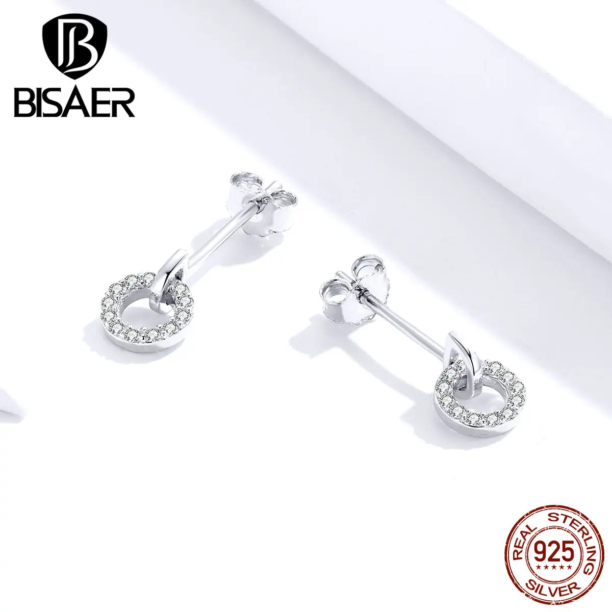 Счастливые серьги BISAER,, 925 пробы, серебро, кубический циркон, Круглый Круг, маленькие серьги-гвоздики для женщин, ювелирные изделия ECE767