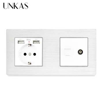 

UNKAS Aluminum Metal Panel EU Standard Socket with USB + 1 Gang Female TV Connector With CAT5E RJ45 Internet Computer Data Jack