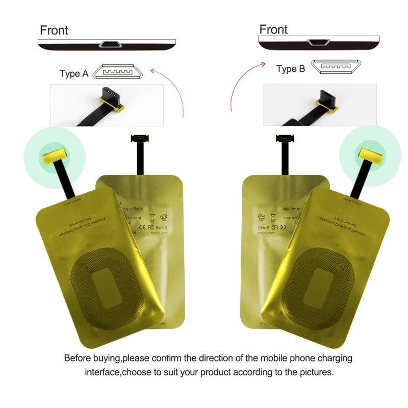 QI Беспроводное зарядное устройство приемник катушка для iPhone 7 6s Plus 5S Android Micro usb type C Беспроводное зарядное устройство адаптер для samsung S8