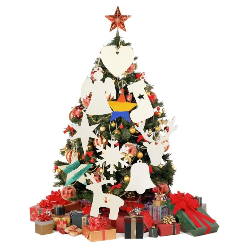 10Pcs Creativity Wooden Christmas Ornaments DIY Doodle  Snowflake Star Angel Xmas Tree Pendants Kids Gift Christmas Party Decor