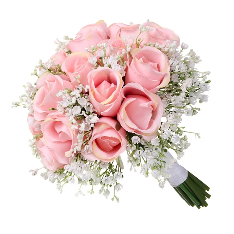Handmade 18PCS Artificial Babysbreath Rose Bridal Wedding Bouquet With White Ribbon Real Touch For Wedding Home Party DIY Decor