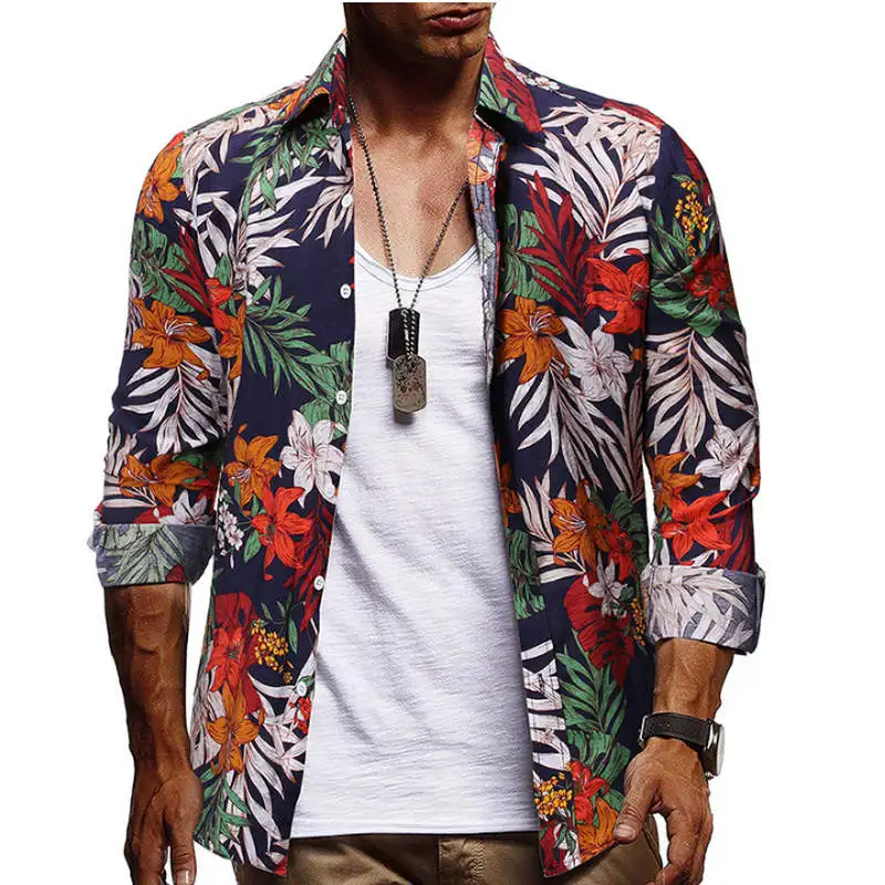 Men Hawaiian Shirt Long Sleeve Floral Print Mens Dress Formal Shirts Camisa Social Masculina Men Casual Slim Fit Tops Shirt 2XL