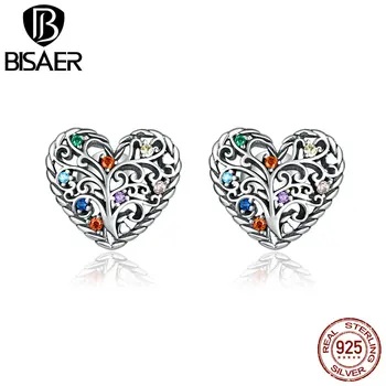 

BISAER Earrings 925 Sterling Silver Tree of Life Garden of Eden Heart Small Stud Earrings for Women Sterling Silver Jewelry