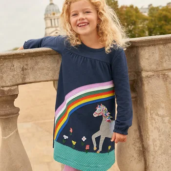 

Kids Baby Girl Spring Summer Horse Cartoon Rainbow 100%Cotton Girls Costume Casual Long Sleeve Dresses Princess Dress Home Wear