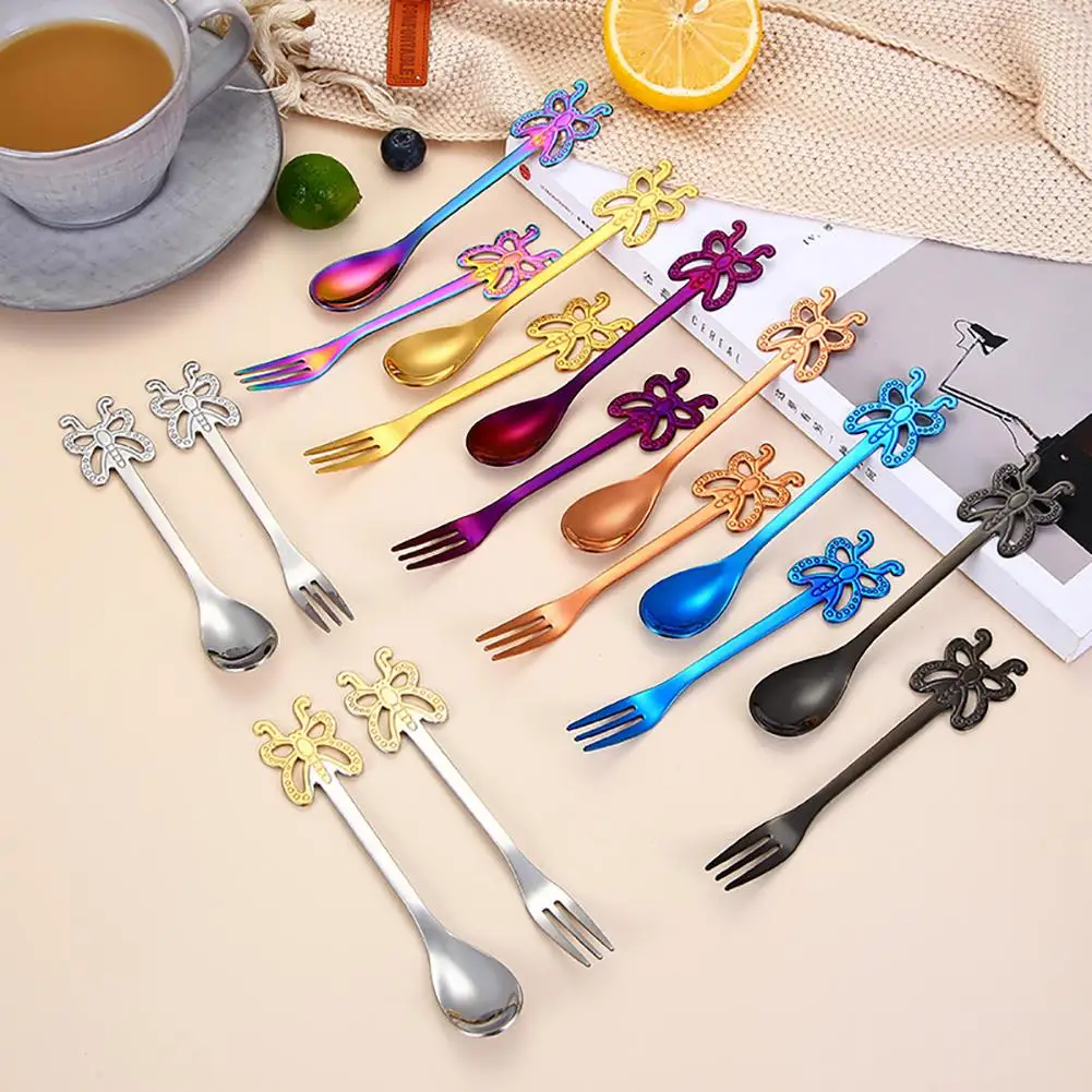 Портативный стиль бабочки из нержавеющей стали чайные десертные ложки кухонные вилки посуда портативная прочная ручка в виде бабочки дизайн