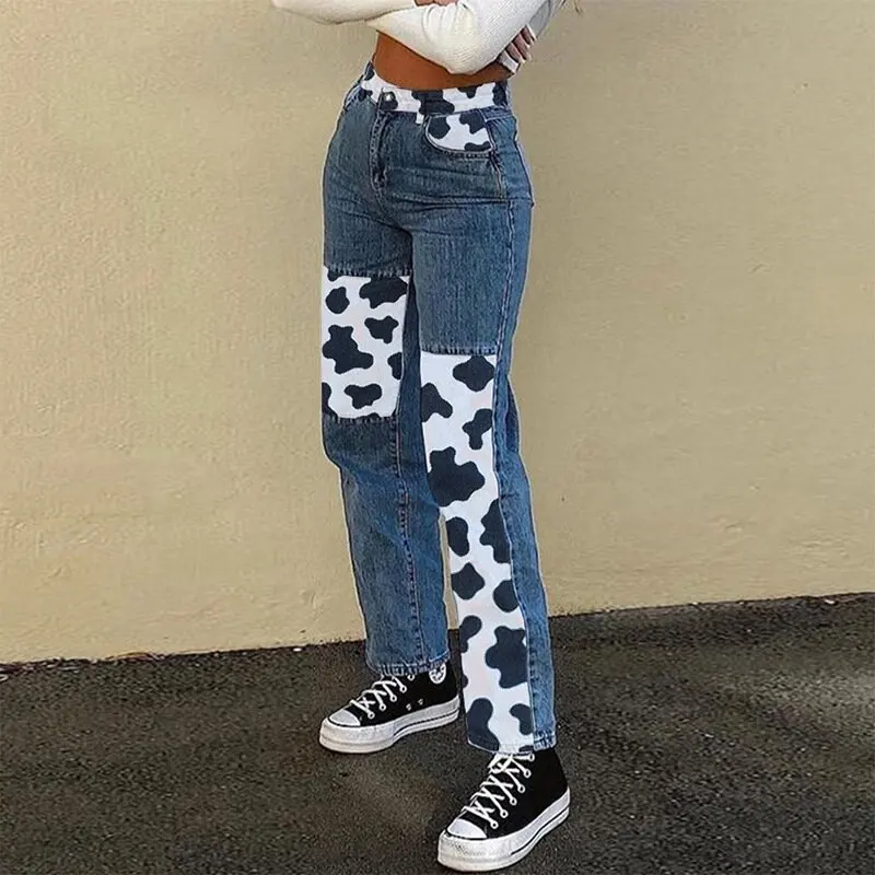 

NCLAGEN Women's Jeans Milk Cow Patchwork Women High Waist Fashion Denim Trousers 2020 Streetwear Spliced Casual Straight Pants