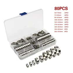 130/80pcs Single Ear Stepless Hose Clamps 5.8-23.5mm 304 Stainless Steel Hose Clamps Cinch Clamp Rings for Sealing Kinds of Hose